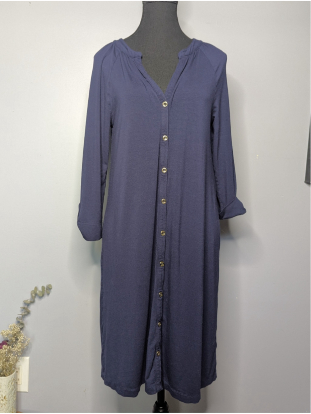 Lilly Pulitzer Navy Blue Bailor Shirt Dress Jersey Knit Silver Buttons Size M